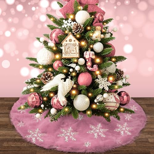 Spring Easter Mini Pink Faux Fur Tree Skirt, 15'' Small Pink Tree Rug with Silver Snowflake, Fluffy Furry Decorations for Pencil Slim Tabletop Tree