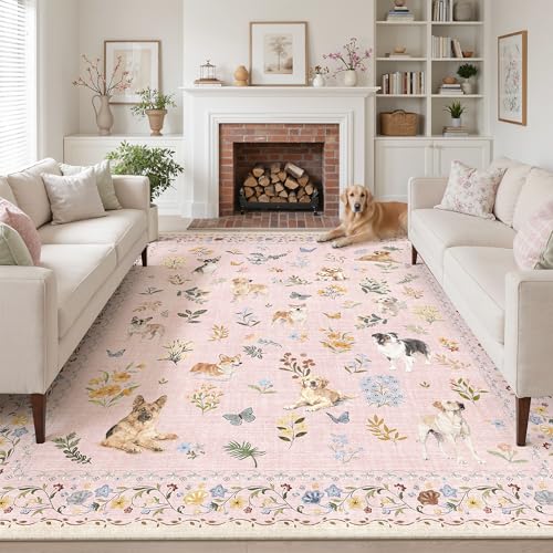 Soalmost Dog 9x12 Pink Area Rugs for Baby Girl Nursery, Washable Soft Rug