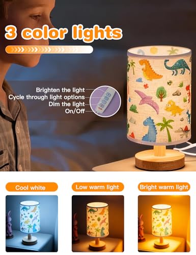 Dinosaur Lamp, Dinosaur Room Decor for Boys, 3 Level Dimmable Wood Nightstand Desk Base Flaxen Fabric Shade for Bedroom Living Room, Dino Gifts for Boys