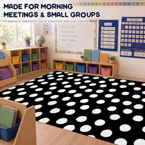 Nuanchu Large Polka Dot Classroom Rug 6.5 x 12.1 ft Black and White Classroom Carpet with Rubber Backing Non-Slip First Day of School Rugs for Playroom Nursery Preschool