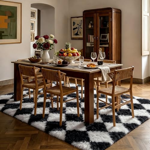 HUGEAR Checkered Rug 5x8 Living Room Black White Modern Shag Rug Soft Fluffy Washable Indoor Carpet Fuzzy Vacuumable Rugs for Bedroom Home Decor Non Slip