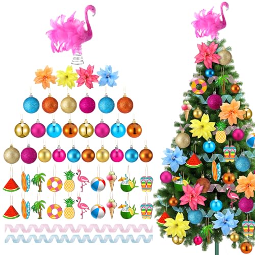 Seenelling 65 Pcs Summer Christmas Tree Ornaments July Christmas Tree Topper Pink Flamingo Wooden Hanging Decoration Ribbon and Faux Flowers for Xmas Luau Tropical Party Beach Decor Supplies Holiday