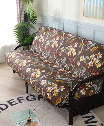 OctoRose Full Size 3 Side Zipper Linen Printing Birds Brown Futon Cover Sofa DayBed Couch Mattress Slipcover (Linen-Birds-Brown, Full Size)