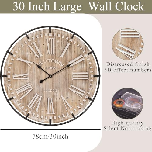 EMAX HOME 30 Inch Extra Large Wall Clock - Farmhouse Rustic Wood & Metal Design Silent Non-Ticking Battery Operated Decorative Oversized Clock for Living Room, Kitchen, Office & Bedroom