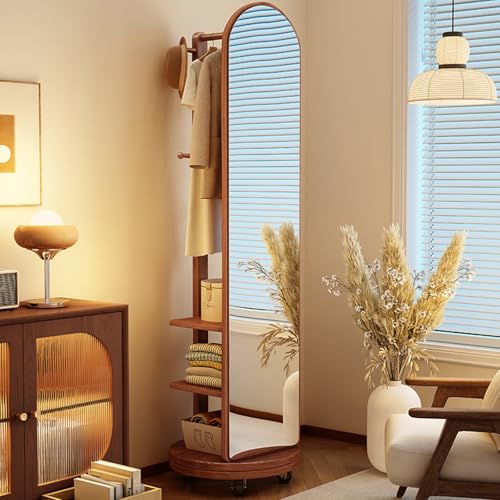 Solid Wood 360° Rotating Full Length Mirror,2-in-1 Floor Mirrors with Coat Rack and Swivel Wheels,2 Tiers of Shelves,with Hooks & Rods,Space Saving for Bedroom(Walnut,45cm/17.7in)