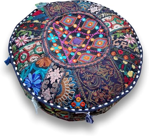 Sophia-Art Indian Embroidered Patchwork Cover Decorative Pouf Indian Comfortable Floor Cotton Cushion Ottoman Pouf,Indian Designs Ethnic Patchwork Pouf (Blue, 18"x13")
