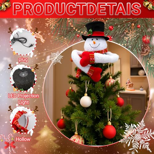 Christmas Tree Topper with Snowflake Projector Light, Holiday Hat Decor for Xmas & New Year, White