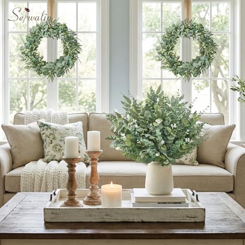 Serwalin Artificial Greenery Stems, Faux Eucalyptus Stems Bulk with Fake Leaves, Mixed Greenery for Centerpieces and Vase, Artificial Eucalyptus Plants for DIY Flower Wedding Home Decor