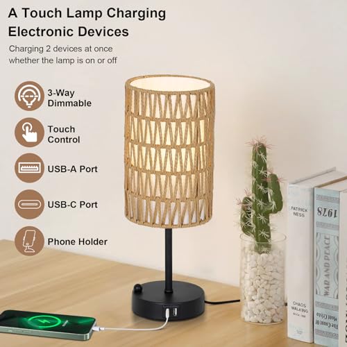Touch Table Lamp For Bedroom with Bulb, Boho Small Desk Lamp For Living Room With Rattan & Linen – detail view