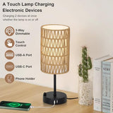 Touch Table Lamp For Bedroom with Bulb, Boho Small Desk Lamp For Living Room With Rattan & Linen – detail view