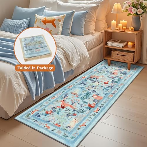 nesrt Animal Botanical Runner Rugs for Hallway 2x6ft, Non Slip Kitchen Rug Washable, Soft Low Pile Fox Bedside Runners, Cute Woodland Accent Floor Carpet for Bedroom Hall Bathroom Laundry (Blue)