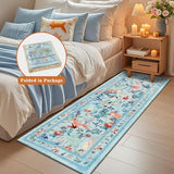 nesrt Animal Botanical Runner Rugs for Hallway 2x6ft, Non Slip Kitchen Rug Washable, Soft Low Pile Fox Bedside Runners, Cute Woodland Accent Floor Carpet for Bedroom Hall Bathroom Laundry (Blue)