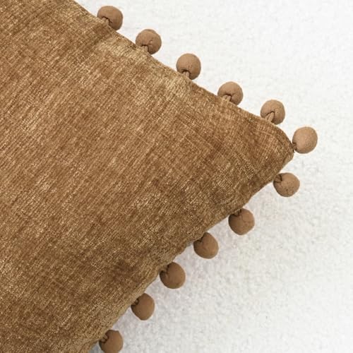 CaliTime Throw Pillow Covers Decorative 20 X 12 Inches Pack of 2 Cozy Solid Dyed Soft Chenille Cushion Cases with Pom Poms for Couch Sofa Bed Living Room Home Apricot Brown