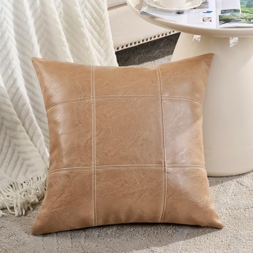 Fancy Homi 2 Packs Waterproof Faux Leather Tan Decorative Throw Pillow Covers 18x18 Inch for Outdoor Couch Bed, Taupe Modern Farmhouse Boho Home Decor, Plaid Hand Stitched Beige Cushion Case 45x45 cm