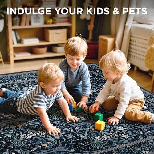 Joydeco Machine Washable Area Rugs 5x7, Boho Floral Rug for Bedroom Non Slip, Soft Forest Botanical Low-Pile Floor Indoor Throw Carpet for Living Dining Room Dorm Office, Black