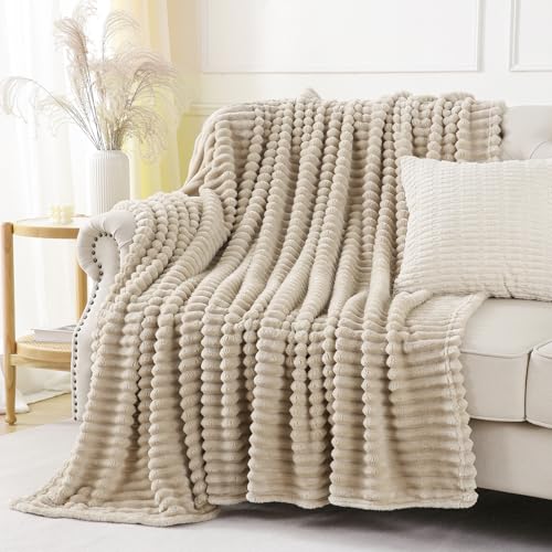 Khaki Throw Blanket for Couch Sofa 50x60 inches Striped Fleece Blankets Room Home Decor Lightweight Plush Soft Cozy Gifts for Women Mom