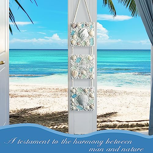 flangairy 20.5"x4.3" 3D Seashell Starfish Conch Beach Wall Hanging Decor | Wooden Base, Sand, Glass, Resin Sea Star Fish Shells, Ocean Coastal Theme Room Art, Nautical Bathroom Decorations for Home
