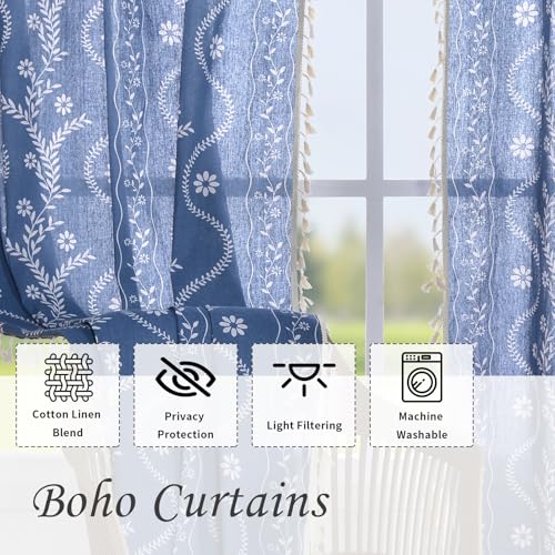 Schweek Blue Boho Curtains for Living Room, Western Rustic Floral Curtains 84 Inches Length, Semi Sheer Navy Blue Vintage Farmhouse Printed Patterned Curtain Drapes