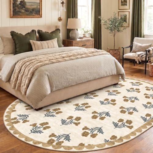 Beige 6x9 Washable Scalloped Oval Rug - Boho Floral Living Room Rug