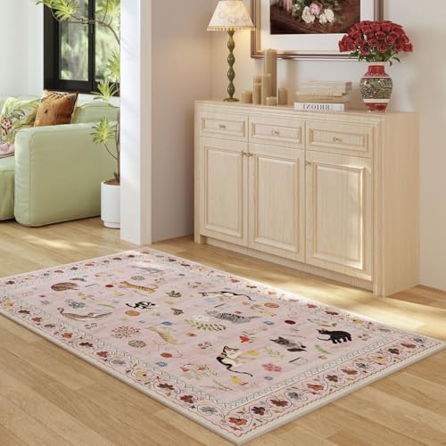 Rugcomf Area Rug 3x5 Washable Non Slip Floral Animal Cat, Pink