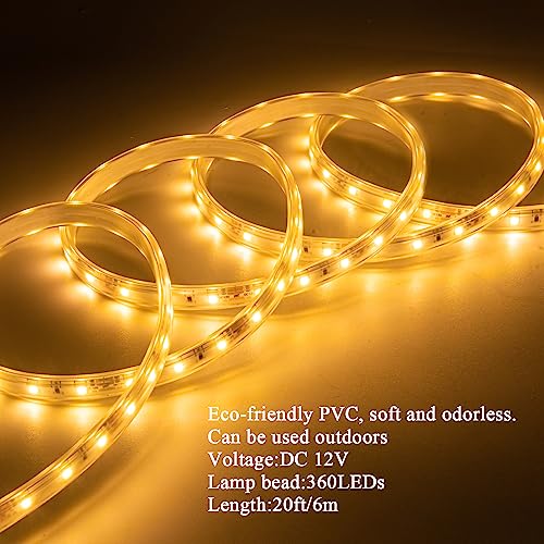 20FT Warm White Rope Lights Outdoor, 12V IP65 Waterproof Led Rope Lights Indoor Cuttable, Flexible Led Strip Lights Cuttable Plug-in for Patio Deck Bedroom Kitchen Bedroom Christmas