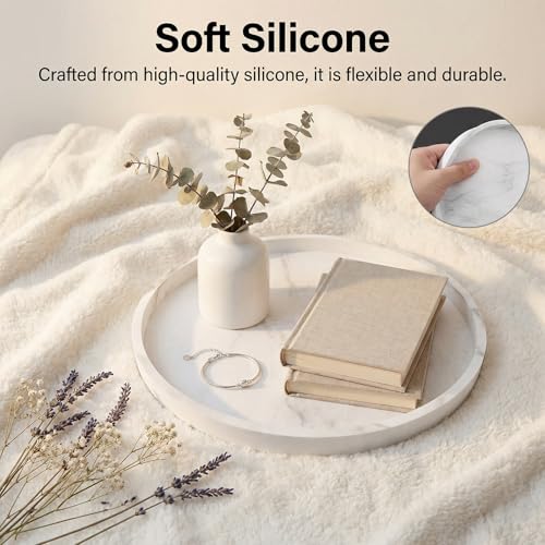 Round Tray Silicone, 10.6 Inch Bathroom Tray Countertop Decor, Vanity Trays for Bathroom Organizers, Waterproof Bathroom Tray for Counter, Decorative Coffee Table Tray-Marble White