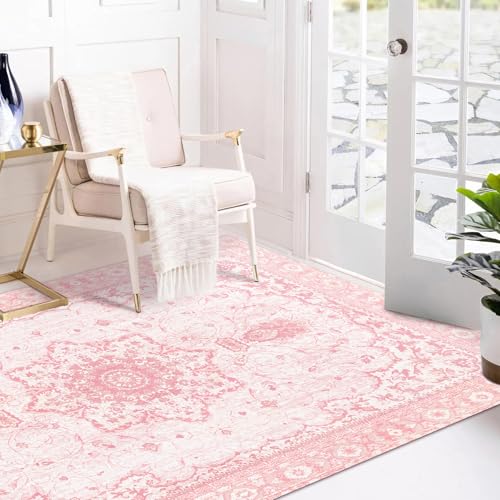 Sofrug Area Rug 5x7 - Vintage Floral Honeycomb Non Slip Backing Carpet - Pink Softer Thicker Faux Wool Rug - Foldable & Machine Washable Rugs for Living Room Bedroom Nursery Room Home Office