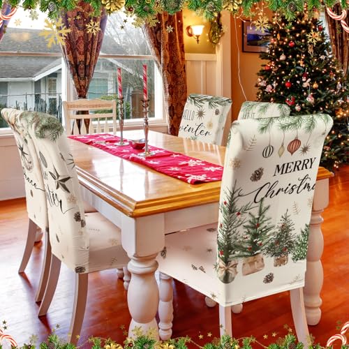 Ganeen 6 Pcs Christmas Chair Covers Merry Christmas Chair Back Cover Stretch Xmas Seat Protector Washable Xmas Dining Seat Protector Slipcover for Dining Room Kitchen Holiday Party (Pine Cone Style)