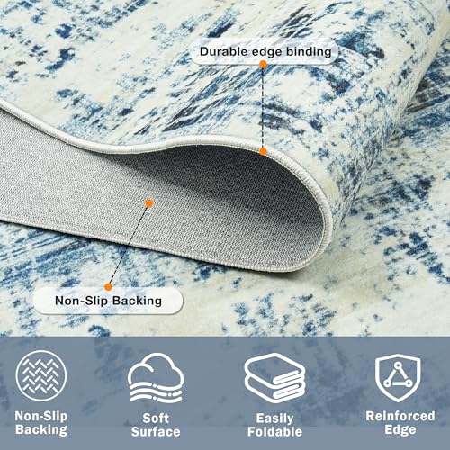 10x14 Washable Area Rug for Living Room Bedroom: Non-Slip Modern Blue Gray