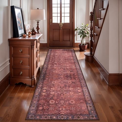 Tangsoo 2.6x10 Long Runner Rug for Hallway Non Slip,Washable Rust Red Rug