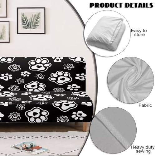 Paws Heart Print White Black Stretch Futon Cover with Elastic Bottom Armless Futon Mattress Cover Dustproof Cozy Couch Covers Scratch Resistant Sofa Bed Slipcover