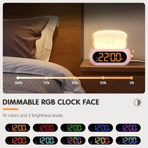 Netzu Alarm Clock for Kids, OK to Wake Clock with Night Light and Sound Machine, Pink Clock with 10 RGB Color, 6 Alarm Tones, Nap Timer, Snooze, Bedside Clocks for Girls Kids Teens Birthday Gifts
