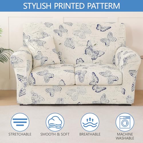 Stretch Printed Sofa Cover Couch Covers, 4-Piece Loveseat Slipcovers with 2 Separate Cushion Cover & 1 Pillow Case, Washable Spandex Furniture Protector for Living Room(Loveseat, Butterfly)