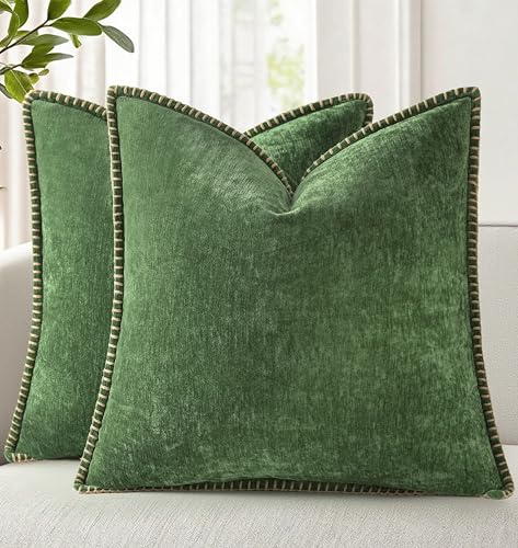 decorUhome Fall Chenille Soft Cozy Throw Pillow Covers 18x18 Set of 2, Modern Farmhouse Boho Velvet Decorative Pillow Cases with Stitched Edge for Couch Sofa Bed Home Decor, Forest Green