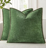 decorUhome Fall Chenille Soft Cozy Throw Pillow Covers 18x18 Set of 2, Modern Farmhouse Boho Velvet Decorative Pillow Cases with Stitched Edge for Couch Sofa Bed Home Decor, Forest Green