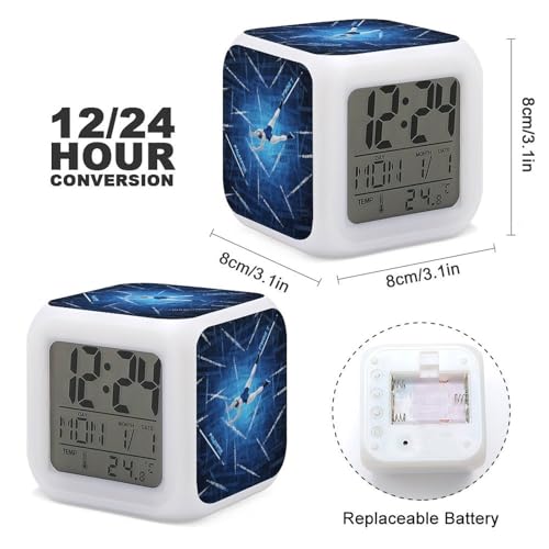 Gymnastics Blue Digital Alarm Clock for Bedroom, Cube Clocks with 7 Color Changing Night Light Battery Operated Small Alarm Clock,Bedside Wake Up Clock with Date, Temperature