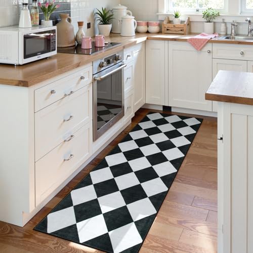 Checkered Print Black Bathroom Runner Rug 2x6, Washable Ultra Thin Non Slip Laundry Room Rug Moroccan Stain Resistant Kitchen Runner, Modern Trellis Carpet for Hallway Bedroom Entryway Decor