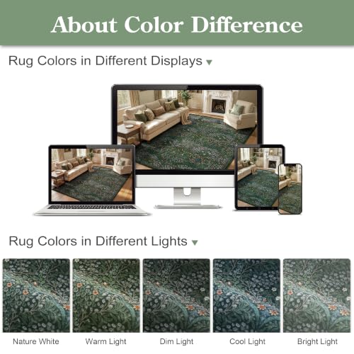Lahome Dark Green Rugs 5x7, Soft Washable Rugs for Bedroom Reading Corner, Boho Non Slip Low Pile Forest Stain Resistance Floral Carpet for Living Room Office Giverny, Dark Green