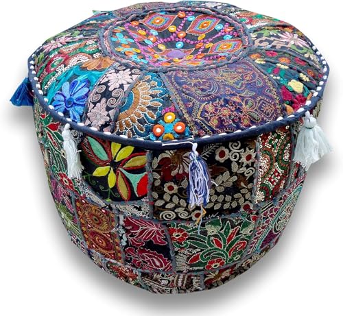 Sophia-Art Indian Embroidered Patchwork Cover Decorative Pouf Indian Comfortable Floor Cotton Cushion Ottoman Pouf,Indian Designs Ethnic Patchwork Pouf (Blue, 18"x13")