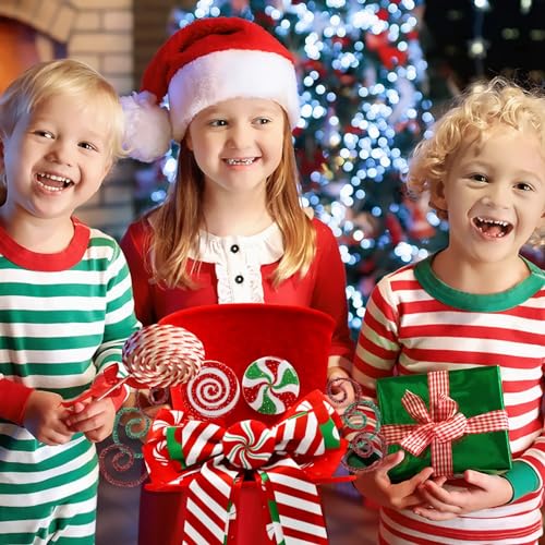 Christmas Candy Canes Tree Topper Red Hat with Peppermint Bows Ornament Winter Lollipop Holiday Home Decoration Xmas Festive Gift Ideas Supplies