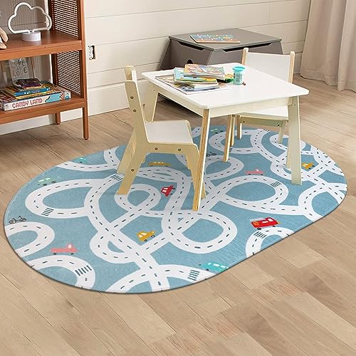 LIVEBOX Large Washable Kids Rug, 4'x6' Non-Slip Car Road Rug for Playroom, Fun Kids Room Rugs for Bedroom, Blue Road Carpet Indoor Kid Play Mat for Toy Toddler Room Classroom