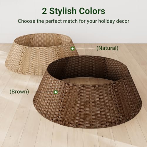 ELYKEN 33 Inch Christmas Tree Collar, 6-Piece Xmas Tree Skirt for Artificial Trees, Handcrafted Plastics Wicker Tree Base Cover with Cord Cut-Out Rustic Farmhouse Tree Ring for Home Decor