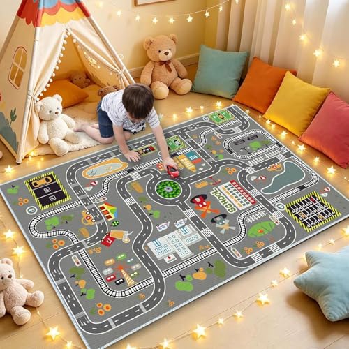 Car Rug Play Mat Road Rug,Kids Carpet Playmat Rugs City Life Great for Playing with Cars and Toys,Children Educational Race Track Rugs with Non-Slip Rubber Backing for Playroom Bedroom Classroom