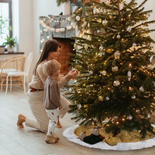 Christmas Tree Skirt 48 inch Shiny Gold Sequin Sparkly with Faux Fur Plush Tree Mat for 5-7FT Large Xmas Tree Christmas Tree Decorations for Holiday Home Decor Party