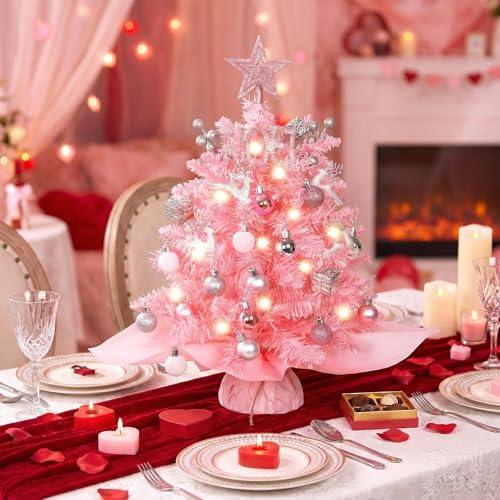 20" Mini Pink Christmas Tree, Artificial Small Table Top Warm Lights, Star Treetop and Ornaments, Tabletop Christmas Tree for DIY Pink Christmas Decoration Gifts