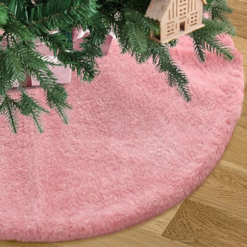 Pink Plush Christmas Tree Skirt 30 Inches Faux Fur Xmas Tree Skirt Base Cover Mat with Shiny Streamers for Christmas Tree Holiday Home Party Decorations - 78cm