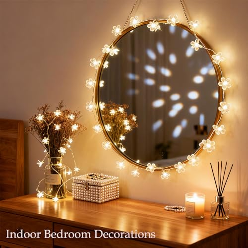Indoor Plug in Decorative Fairy Flower String Lights, 33ft 100 LED Twinkle Cherry Blossom Floral Lamp for Bedroom Window Wall Ceiling Tree Hanging, Christmas Easter Birthday Decor (Warm White)