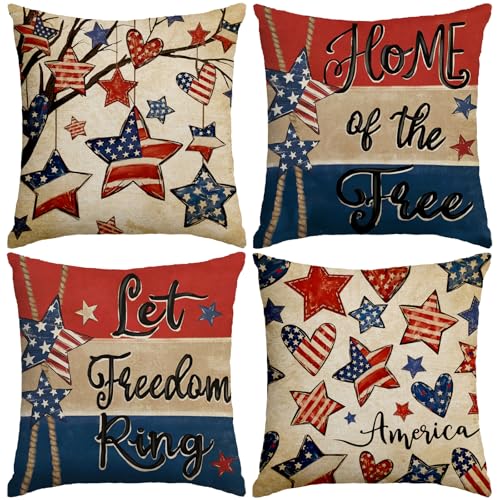 Patriotic Pillow Covers 18x18 Inch,4th of July Red White Blue Summer Outdoor Throw Pillow Covers Set of 4,Independence Memorial Day USA Flag Retro Fourth of July Cushion Case for Sofa Couch Decor