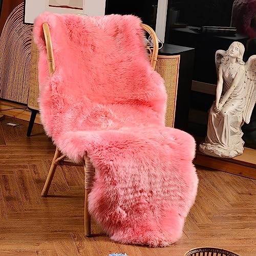 LLB Genuine Sheepskin Area Rug Wool Rug Fur Carpet Fluffy Shaggy Fur Rug for Living Room Kids Bedroom Real Sheepskin Throw Lambskin Rugs Sofa Mat Chair Seat Covers (Pink, 2 x 6 ft Sheepskin)
