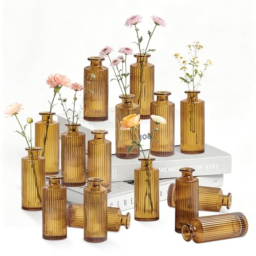 Glass Bud Vases Set of 16, Amber Small Vase in Bulk, Glass Flower Vases for Centerpiece, Vintage Decorative Brown Bud Vase for Wedding, Anniversary, Table Decor, Home Decoration